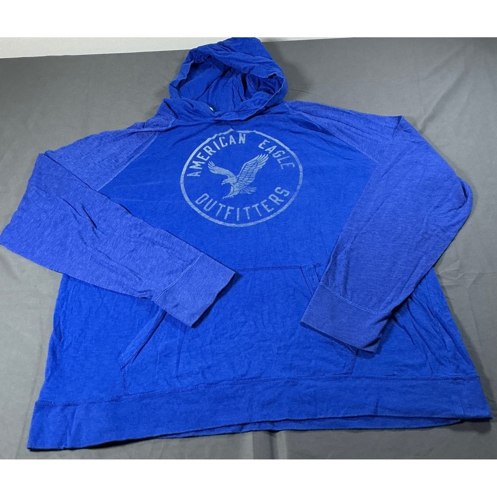 American Eagle Outfitters Mens XXL Blue Graphic Hooded Long Sleeve T-Shirt